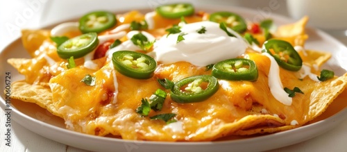 A plate of cheesy nachos with jalapeños, drizzled with sour cream, cinematic vibe photo