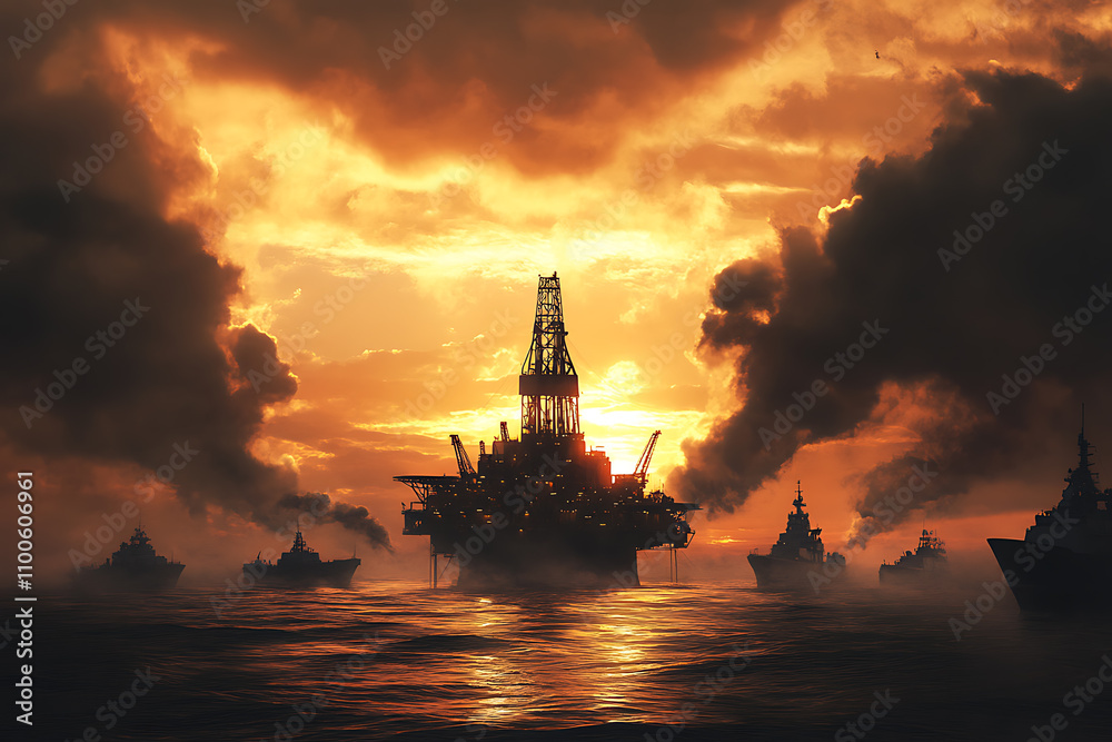 Fototapeta premium An offshore oil rig surrounded by warships and stormy skies, representing global tensions over energy resources and security risks. 