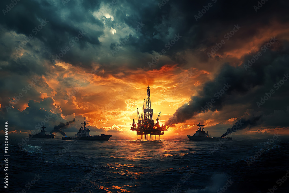 Fototapeta premium An offshore oil rig surrounded by warships and stormy skies, representing global tensions over energy resources and security risks.