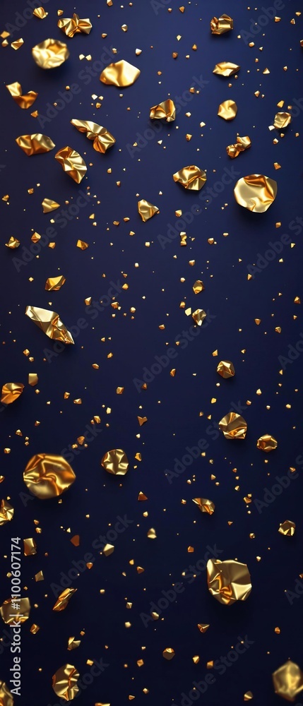 Fototapeta premium Shiny gold foil decorations on a dark blue background with ambient light, elegant atmosphere, sophisticated design, decorative accents.