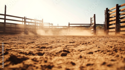A rodeo arena with a focus on the dusty ground, outdoor setting with wooden fences, Western style