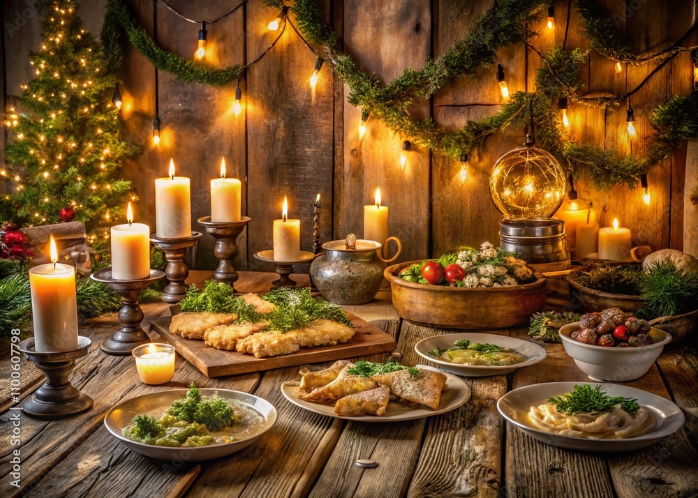 Fototapeta premium Captivating Long Exposure of a Traditional Norwegian Holiday Feast with Festive Decor, Breathtaking Lighting, and an Abundance of Delicious Traditional Dishes and Drinks