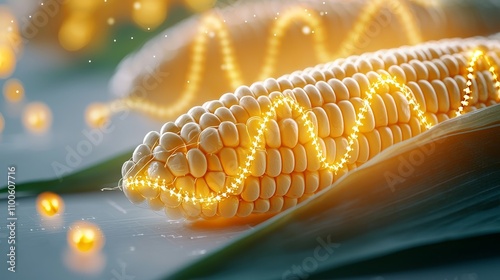 Corn grains with glowing DNA, close-up of genetic research theme photo