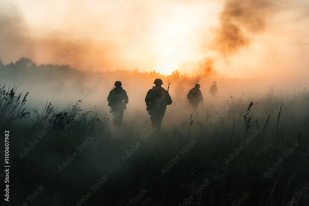 Fototapeta premium Soldiers advancing through a foggy battlefield with explosions in the distance, representing the intensity and unpredictability of military conflicts. 