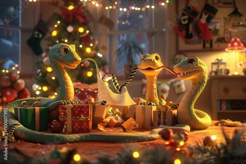 Snake family wraps holiday presents in festive room photo