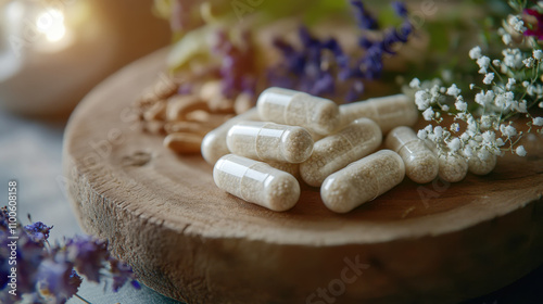Natural multivitamin capsules with herbs for wellness and health supplementation
