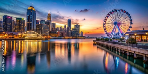 Captivating Long Exposure View of Navy Pier in Chicago Showcasing Vibrant City Lights and Ferris Wheel Reflections on Lake Michigan at Twilight