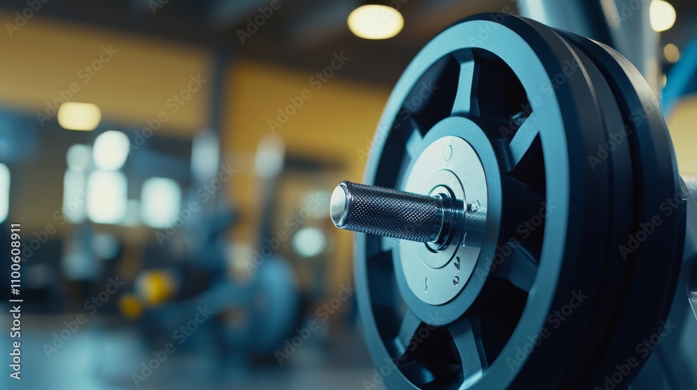 Fototapeta premium A rowing machine with a focus on the resistance knob, indoor setting with gym backdrop, Active style