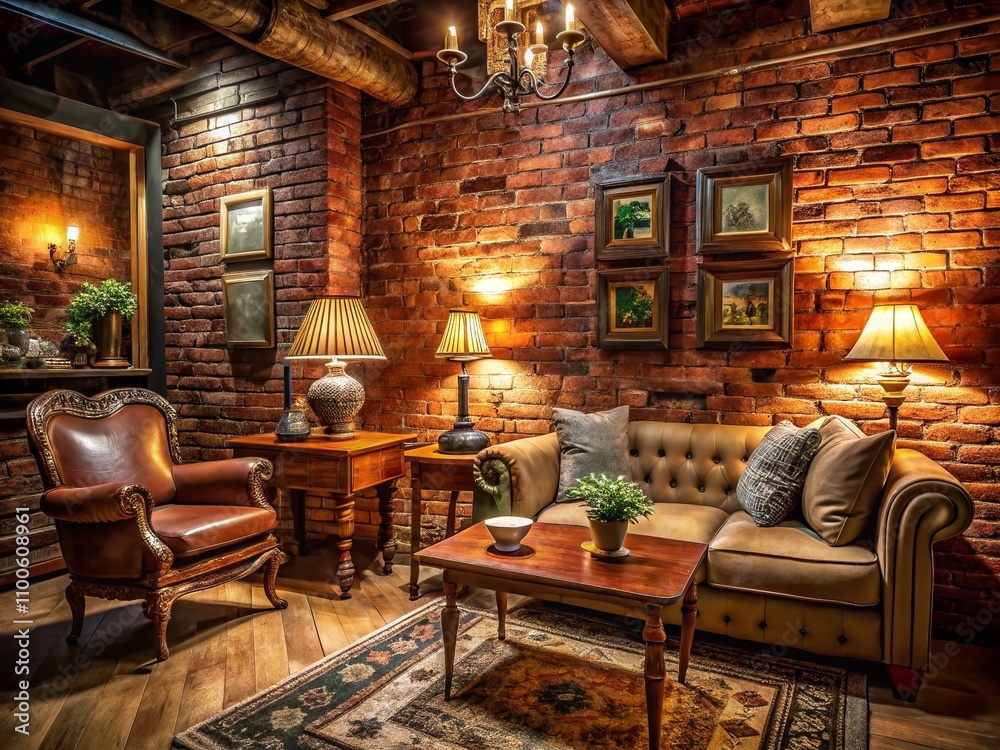 Fototapeta premium Captivating Low Light Photography of an Old Interior Featuring a Rustic Brick Wall with Vintage Decor and Atmospheric Lighting for a Cozy Ambiance