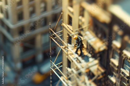 Specialist repairing building faade in urban setting with scaffolding photo