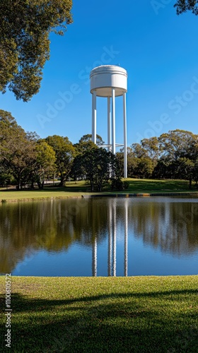 Early spring morning showcases Taft Pavilion at Rosel Clear Lake, with still waters reflecting the structure and blue skies amidst gentle clouds photo