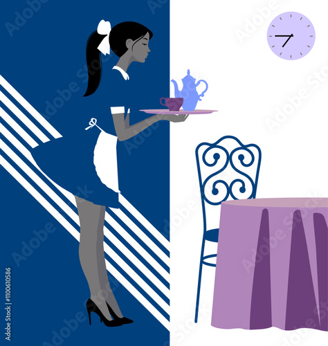 Menu and placard template with young waitress holding a tray with a coffee pot and cup, cafe interior with a clock, a table and a chair. Drawing in color 
flat design style. Vector illustration