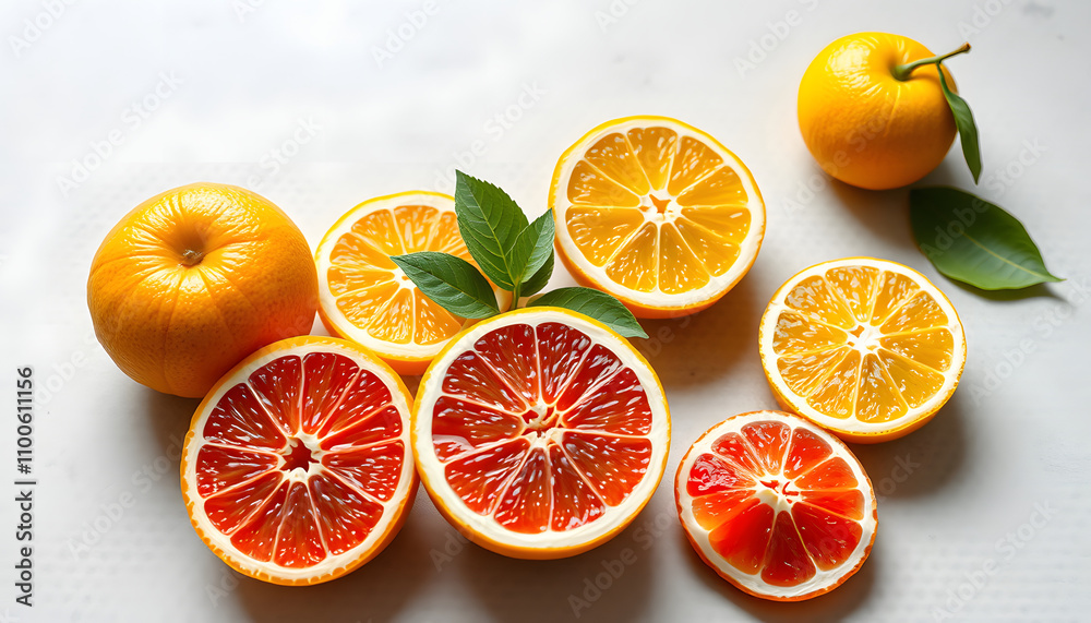 Fototapeta premium Cut citrus fruits for health and wellness on table isolated with white highlights, png
