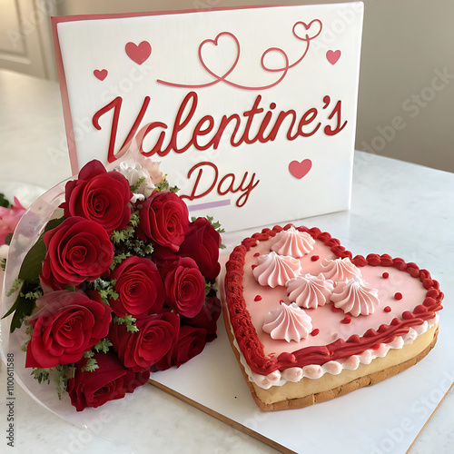 Close Up of a cake decorated with small hearts with heart cake topper, against a gray background. Romantic love concept. Valentine's, Mother's Day, Birthday Cake card Background. Horizonlal.
 photo