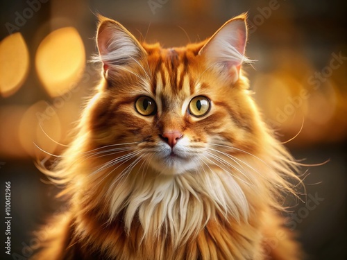 Captivating Portrait of a Beautiful Ginger Long-Haired Cat with a Stylish Groomed Haircut, Showcasing its Majestic Features in Stunning Detail