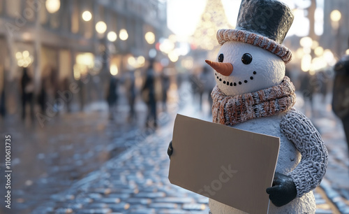 A snowman holds a blank cardboard sign on a city street. A customizable message space, snowman panhandling or carrying a sign in public. Christmas or holiday message.