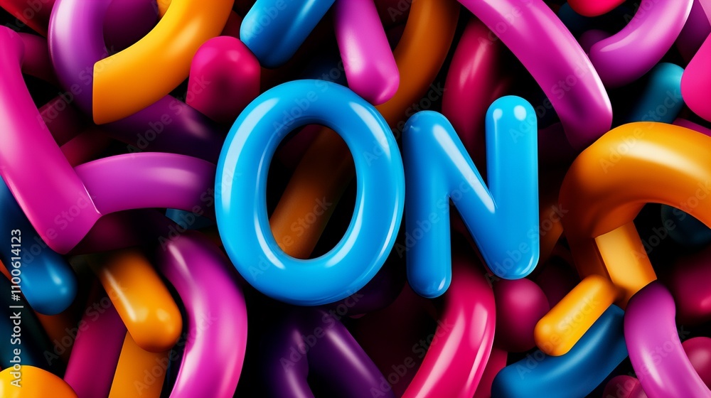 Fototapeta premium Colorful and playful 'ON' sign surrounded by vibrant abstract shapes.