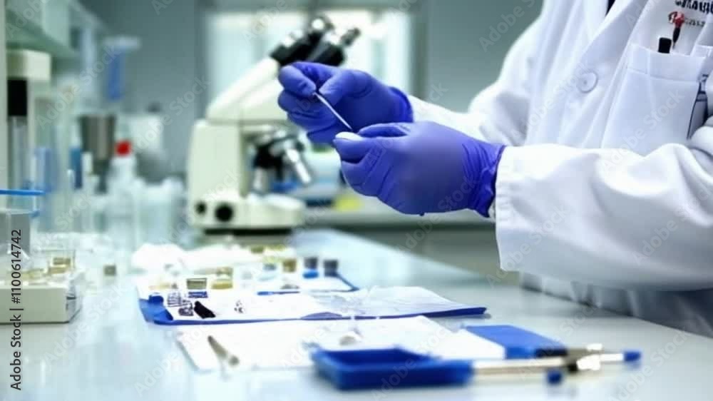 Wide shot of a forensic scientist preparing slides for examination with a background of microscopes and lab equipment blurred. Wide shot of a forensic scientist preparing slides for examination with a background of microscopes and lab equipment blurred.