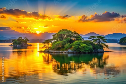 Captivating Sunrise Over Matsushima Bay: A Tranquil Morning in Miyagi Prefecture, Japan with Serene Waters and Majestic Islands photo