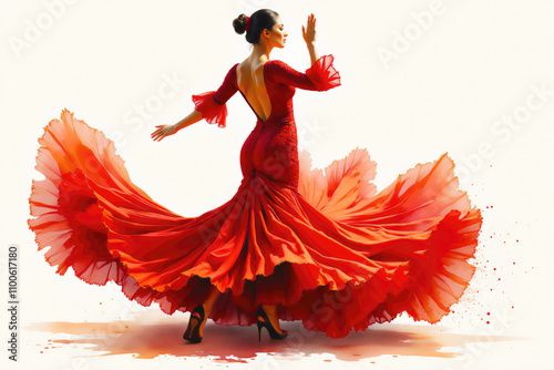 Young woman is dancing flamenco in a beautiful red dress