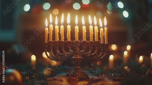 A Hanukkah menorah with lit candles, peaceful atmosphere, warm light, high resolution photo