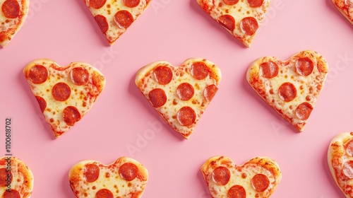 flat illustration pattern of pizzas in shape of heart on pink background, retro vibes