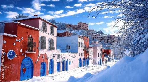 Captivating winter scene: vibrant blue and red buildings in chefchaouen, morocco, covered in fresh snow on a picturesque street