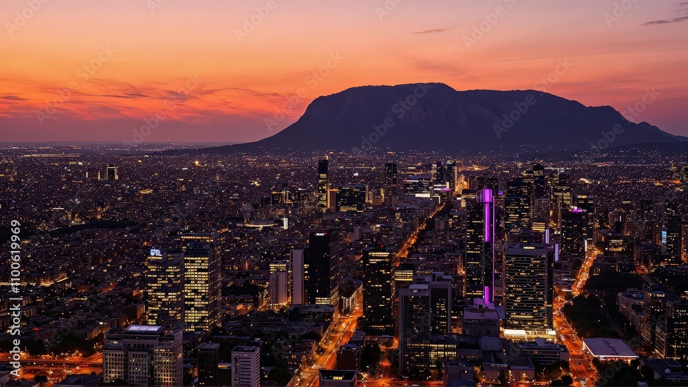 Fototapeta premium Generative AI, Cityscape at Sunset with Iconic Sandstone Monolith