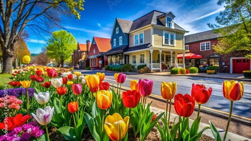 Charming Streets of Hendersonville, North Carolina on a Sunny Spring Day with Colorful Tulips and Easter Vibes in an Old American Small Town Atmosphere - March 2024 photo