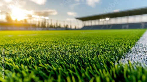 Detailed close-up of an upgraded sports field with vibrant markings and fresh turf, perfect for advertising sports field renovation projects, sharp and dynamic