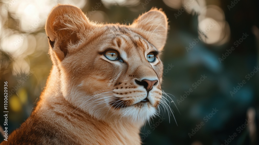 Obraz premium Majestic cougar in warm sunlight with intense green eyes