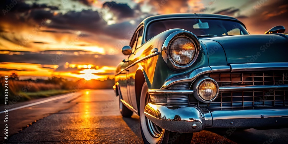 Fototapeta premium Classic Car Lights Glowing at Dusk: Capturing the Timeless Beauty of Vintage Automobiles with a High Depth of Field, Showcasing Their Elegant Design and Radiant Illumination