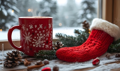 A red mug with snowflakes on it sits on a table next to a red stocking photo