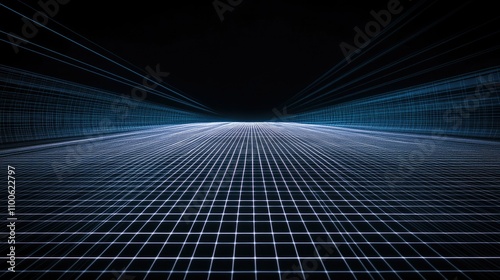 Futuristic Digital Grid Perspective with Blue Light Lines and Depth