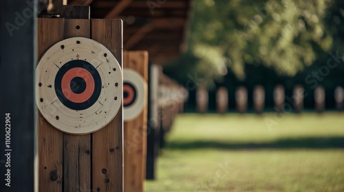 A shooting range with a focus on the target, outdoor setting with protective barriers, Precise style photo