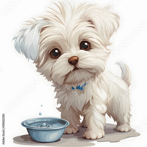 small white dog standing next to water bowl with white shades, png photo