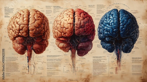 Three Human Brains Artistic Anatomical Study photo