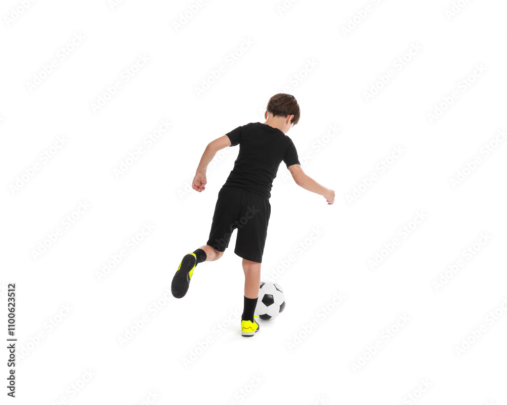 Obraz premium Boy with soccer ball playing football on white background, back view