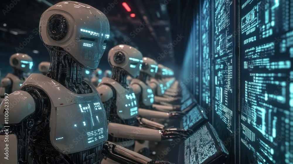Fototapeta premium A Futuristic Scene of White Robots Working on a Data Wall