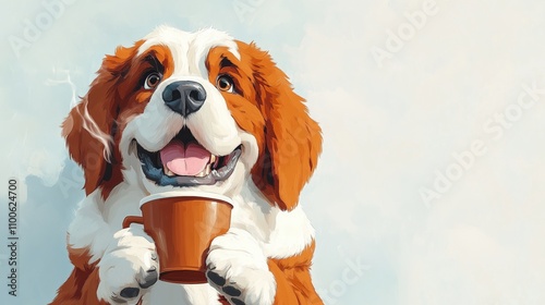 Happy saint bernard dog holding a coffee mug photo