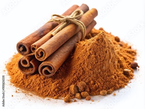 Close-Up of Cinnamon Sticks with Powder and Shavings on a White Background for Culinary and Spice Photography photo