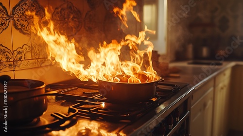 Kitchen Fire: Pot on Stovetop Engulfed in Flames photo