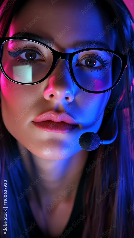 Close-up of a gamer with headset and glasses engaged in a gaming session under vibrant colorful lights