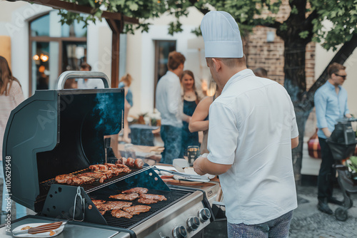 Chef grilling meats at a lively outdoor gathering in a charming courtyard during a warm evening
