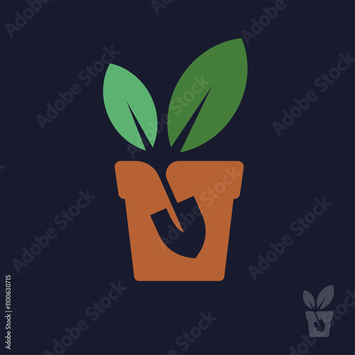 Plants and Garden logo. Ceramic pot, shovel silhouette and green leaves. 