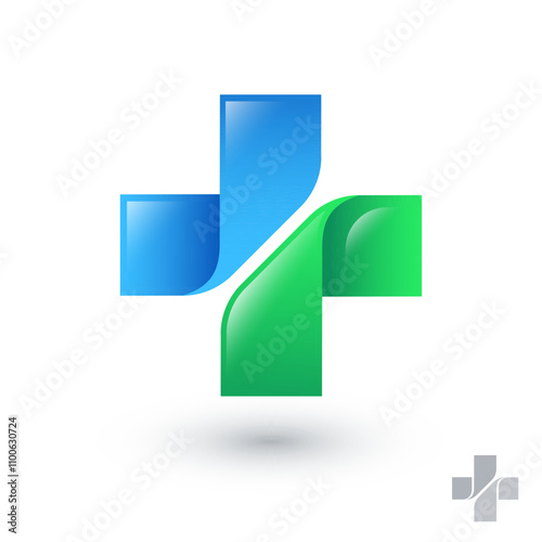 Health care, pharmacy logo. Medicine cross consists of for green  and blue ribbons.