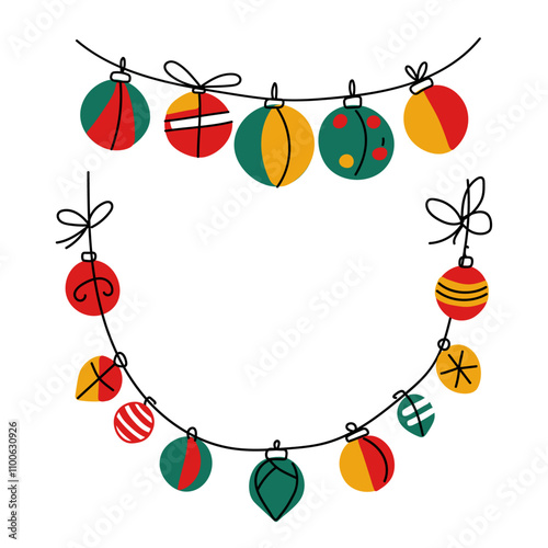 Christmas garland of balls and lights drawn with hand draw lines