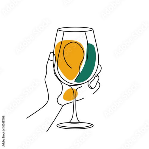 glass of white wine line art illustration, alcohol in hand