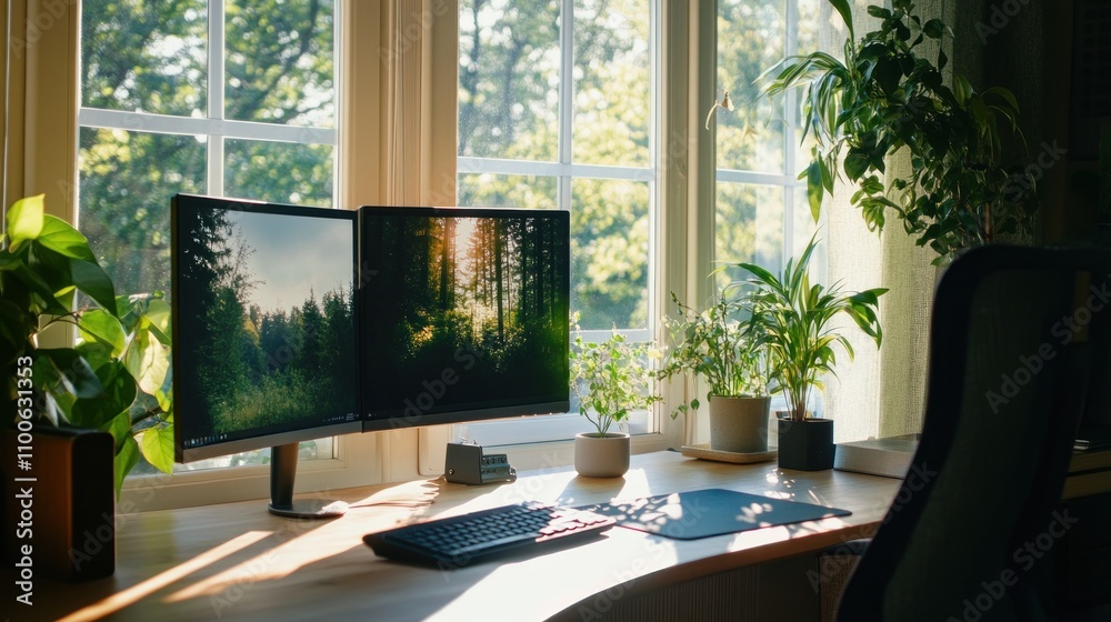Fototapeta premium A computer desk with two monitors and a keyboard