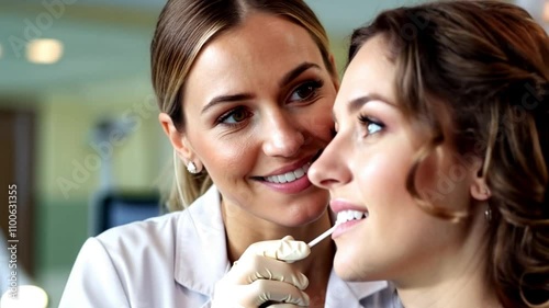 Gentle dental hygienist with light olive skin and warm brown eyes performing fluoride treatment